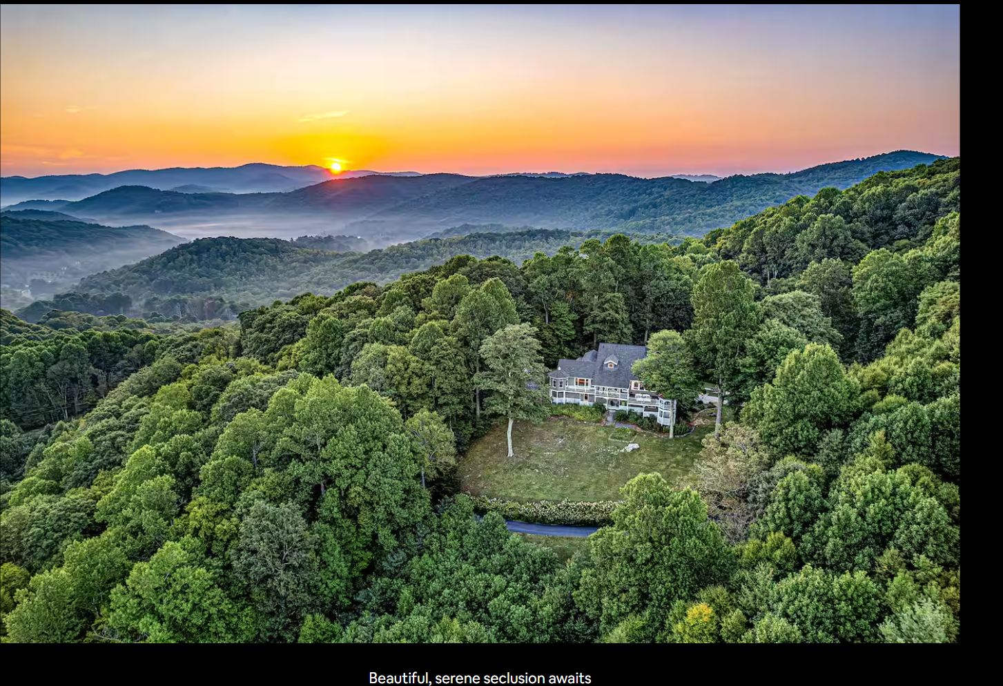 Aerial view of Hemingway Estates at sunrise, nestled on 18 private acres in the Banner Elk mountains